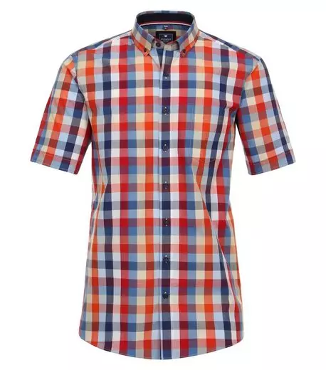 REDMOND OVERHEMD KORTE MOUW BLAUW, BEIGE EN RODE RUIT BUTTON DOWN