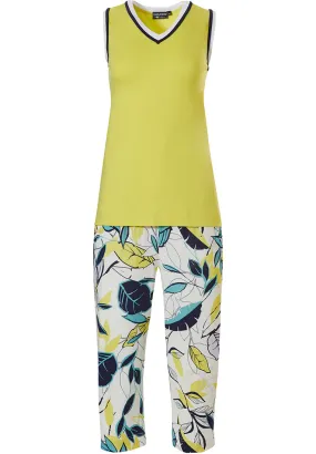 mouwloze v-hals set voor dames '70's retro yellow vibes & leaves'